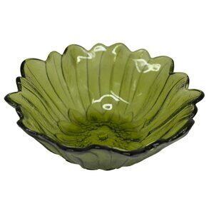 VTG Indiana Glass Lily Pons Avocado Green 7"x3" Pressed Flower Salad Bowl Retro